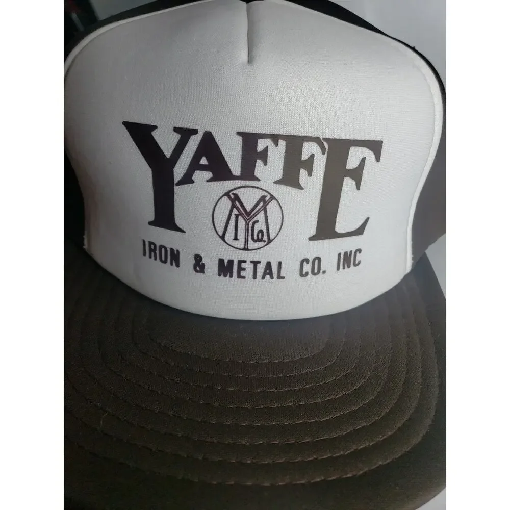 Vintage 80s Yaffe Iron & Metal Hat Cap Snapback White Brown Foam Trucker Hat